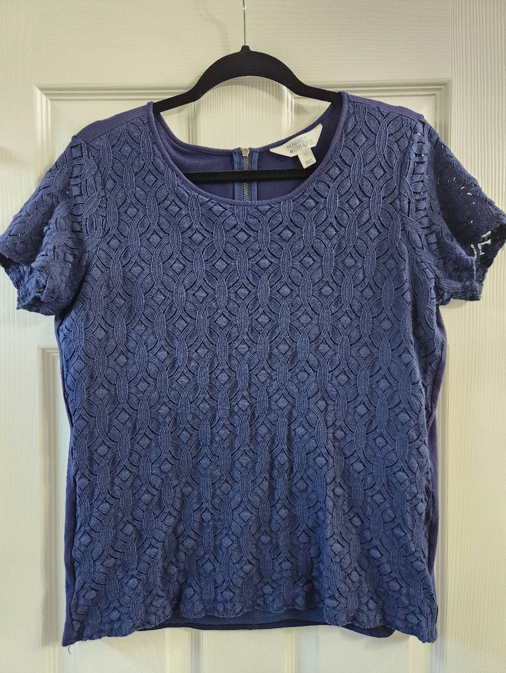 Market & Spruce Short Sleeve Lace Overlay Top - Navy